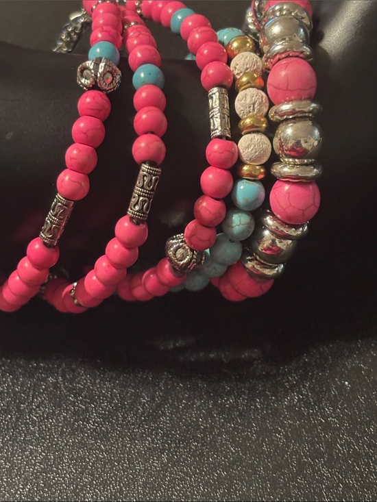 None Jewelry - Pink and Blue‎ Stone Beaded Stackable Bracelets with Silver Accents